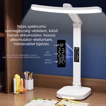 Kétfejű szemvédő asztali lámpa beépített akkumulátorral, összecsukható tolltartóval, irodai és éjjeli olvasáshoz