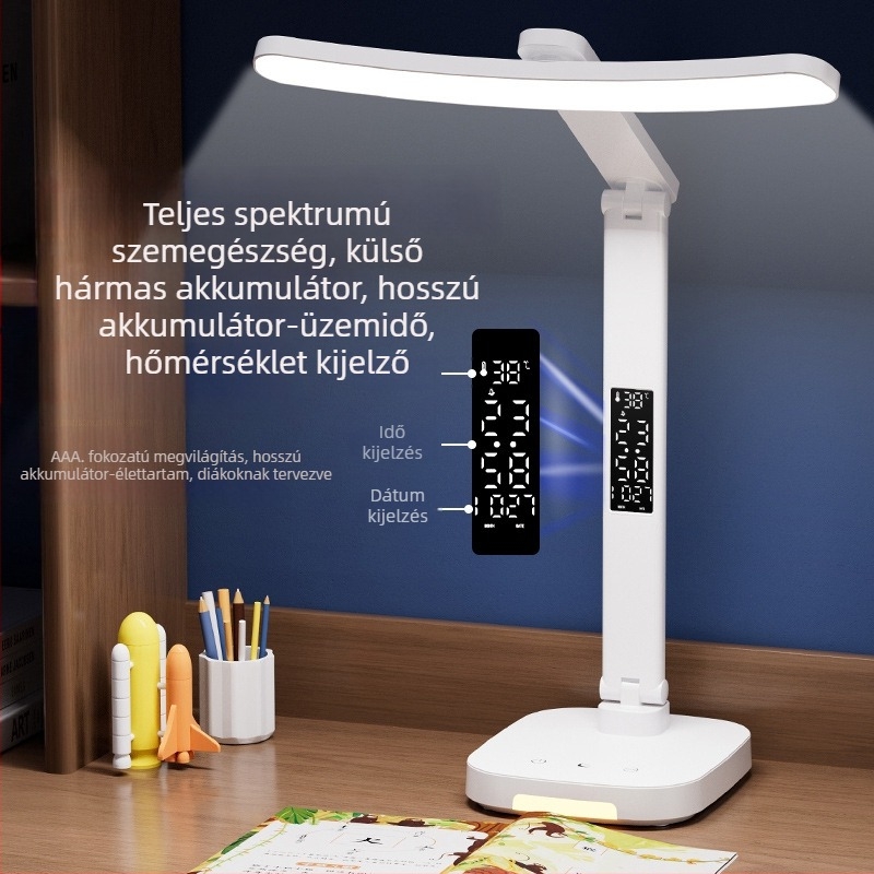Kétfejű szemvédő asztali lámpa beépített akkumulátorral, összecsukható tolltartóval, irodai és éjjeli olvasáshoz