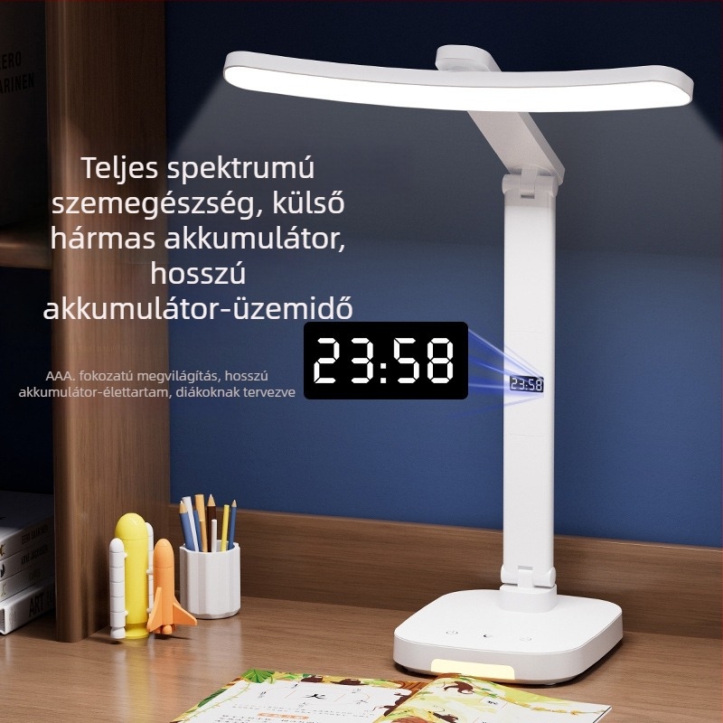 Kétfejű szemvédő asztali lámpa beépített akkumulátorral, összecsukható tolltartóval, irodai és éjjeli olvasáshoz