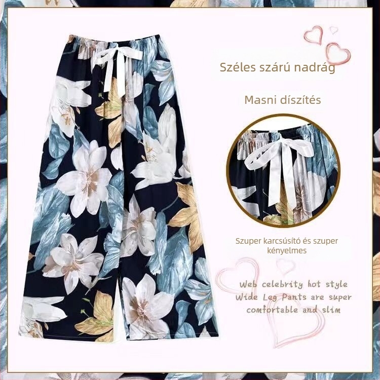 Női nyári laza szabású, széles szárú cropped nadrág, pamut-szátén anyag