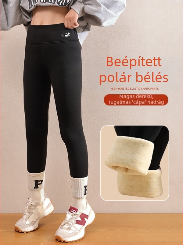 Lányoknak készült polárbéléses vastag leggings őszi–téli szezonra, Shark-stílus és Barbie-ihletés, meleg és kényelmes nagyobb gyerekeknek