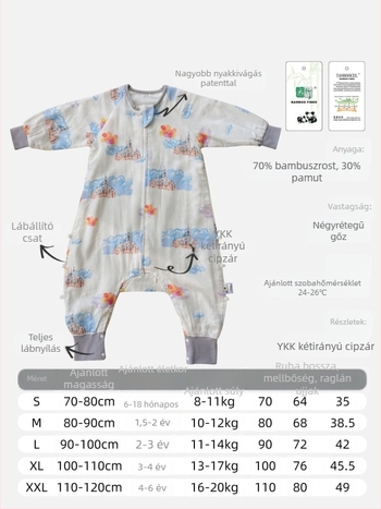 Négy réteg bambusz-pamut géz alvózsák babáknak és gyerekeknek, szétválasztott lábakkal, megakadályozza a takaró kibúvását, tavasz–ősz használatra