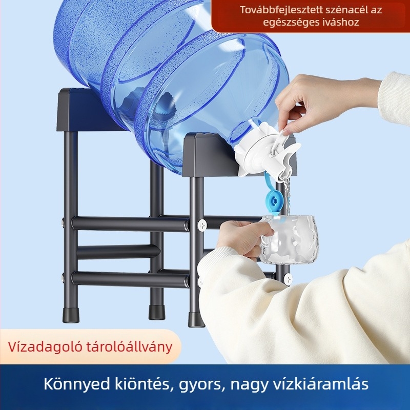 Nagy hordós vízállvány fordított adagolóval, tiszta víz tároló polccal, otthoni padlóra álló állvány kerekekkel