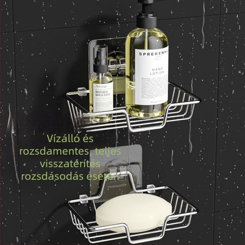 Fali szappantartó rozsdamentes acélból, fúrás nélkül, lefolyó dizájnnal, fürdőszobába