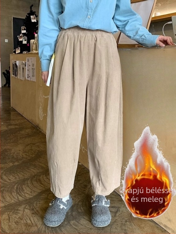 Plusz méretű kordurójú széleslábú női nadrág, őszi-téli modell, körte alakú testhez, karcsúsító hatás, 9/10 hossz, fleece bélés