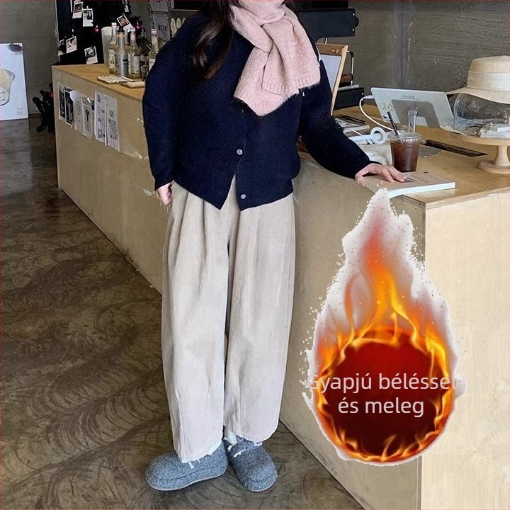 Plusz méretű kordurójú széleslábú női nadrág, őszi-téli modell, körte alakú testhez, karcsúsító hatás, 9/10 hossz, fleece bélés