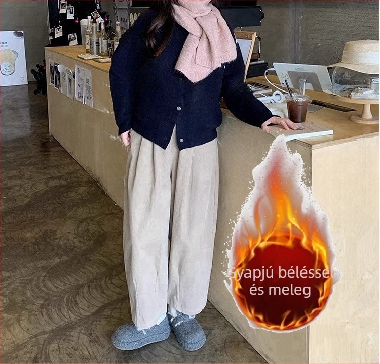 Plusz méretű kordurójú széleslábú női nadrág, őszi-téli modell, körte alakú testhez, karcsúsító hatás, 9/10 hossz, fleece bélés