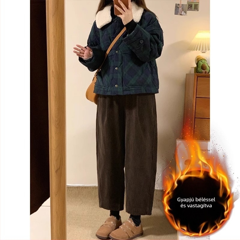 Plusz méretű kordurójú széleslábú női nadrág, őszi-téli modell, körte alakú testhez, karcsúsító hatás, 9/10 hossz, fleece bélés