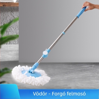 Modern minimál felmosó kézi, forgó kinyomó fejjel, cserélhető nyéllel, görgős fej, rozsdamentes acél kinyomókosárral és pamut fejjel