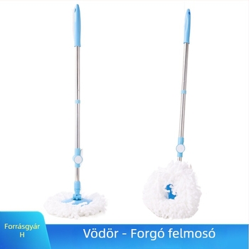 Modern minimál felmosó kézi, forgó kinyomó fejjel, cserélhető nyéllel, görgős fej, rozsdamentes acél kinyomókosárral és pamut fejjel