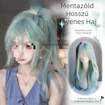 Hosszú, egyenes paróka mentol-zöld tejszínű árnyalatban, nőknek, Lolita stílus, természetes hatás, teljes fej paróka