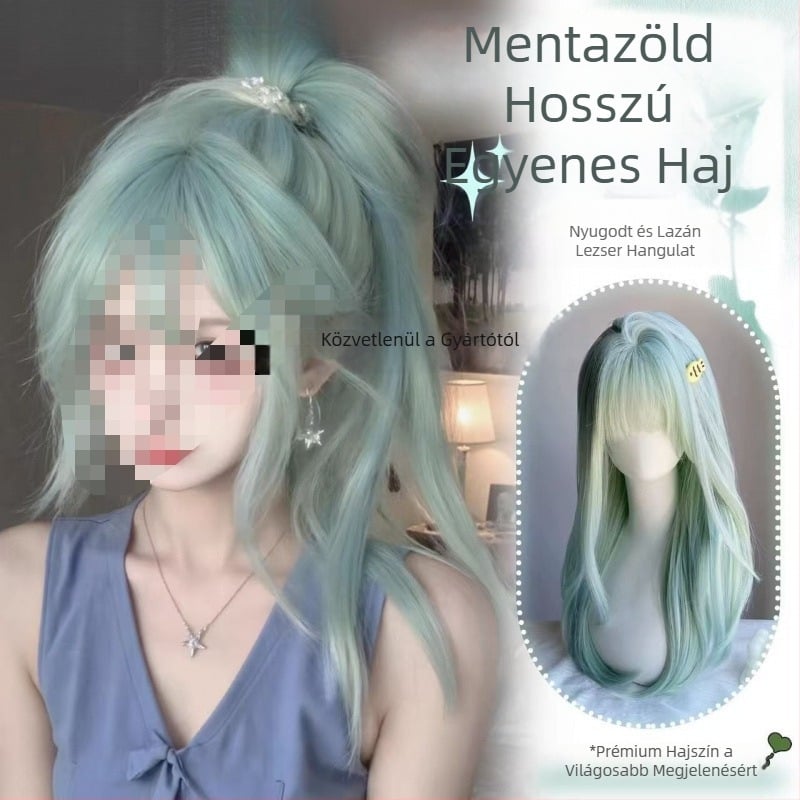 Hosszú, egyenes paróka mentol-zöld tejszínű árnyalatban, nőknek, Lolita stílus, természetes hatás, teljes fej paróka