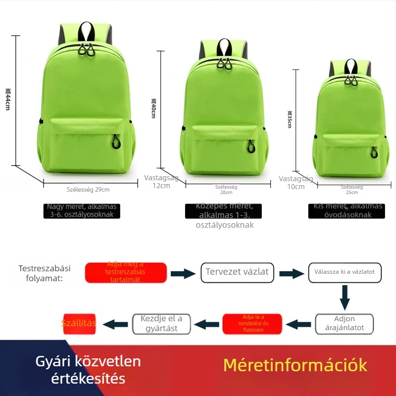 Egyedi logóval ellátott iskolatáska általános- és középiskolás diákok számára; óvodai hátizsákok; képzési központokhoz