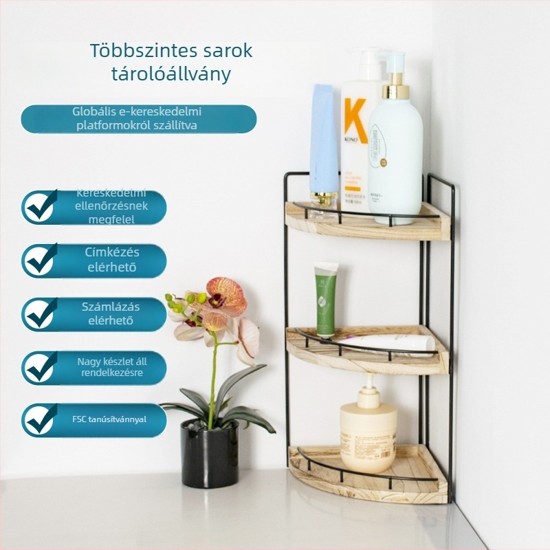 Ventilátor alakú fürdőszobai tároló, háromszintes vas polc, fúrás nélkül, álló kivitel.