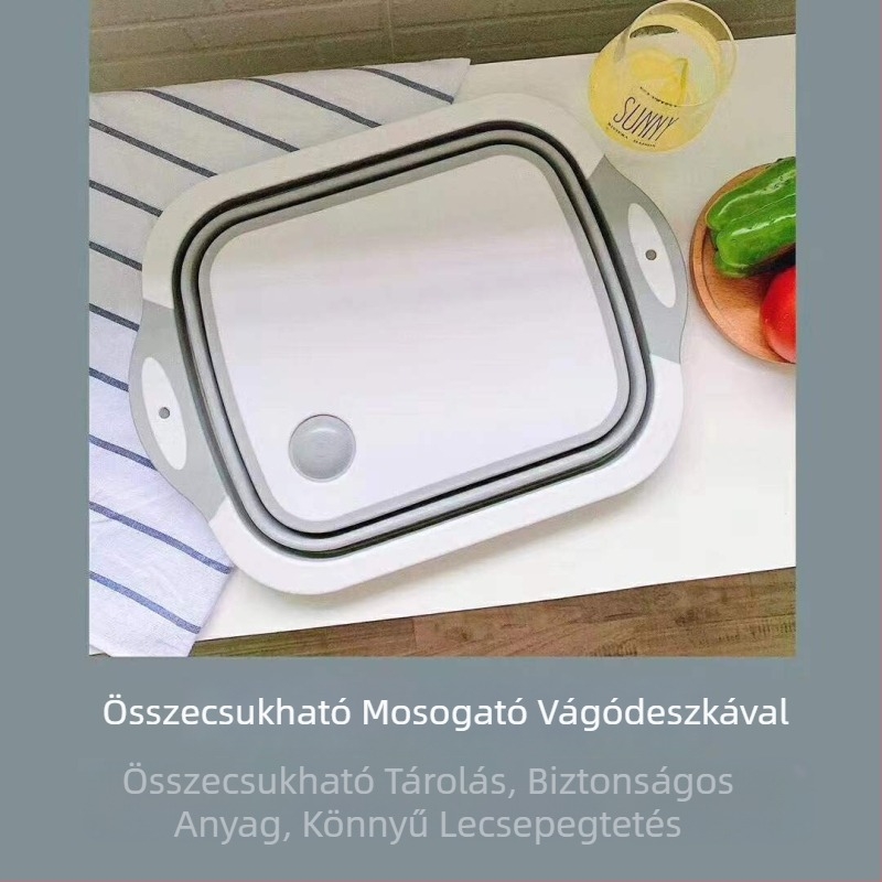 Műanyag vágódeszka, dupla rétegű, összecsukható konyhai deszka, vastagodott hordozható zöldségmosó tál, kihúzható