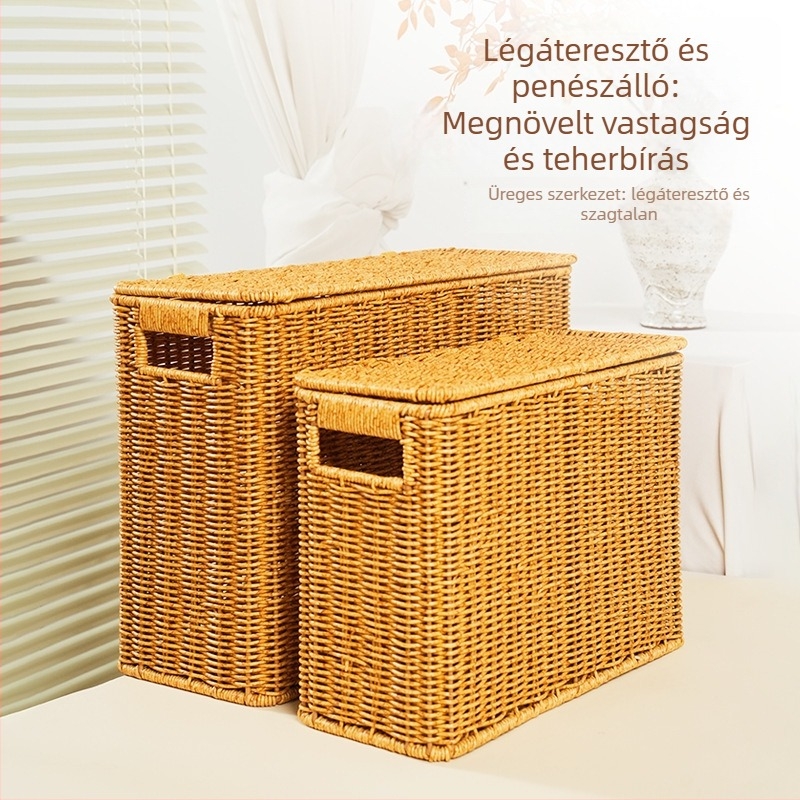 Nagy tároló kosár tetővel, kézzel készített fonott rattan-stílusban, otthoni és szállodai használatra, ideális könyvekhez, magazinokhoz és apró dolgokhoz
