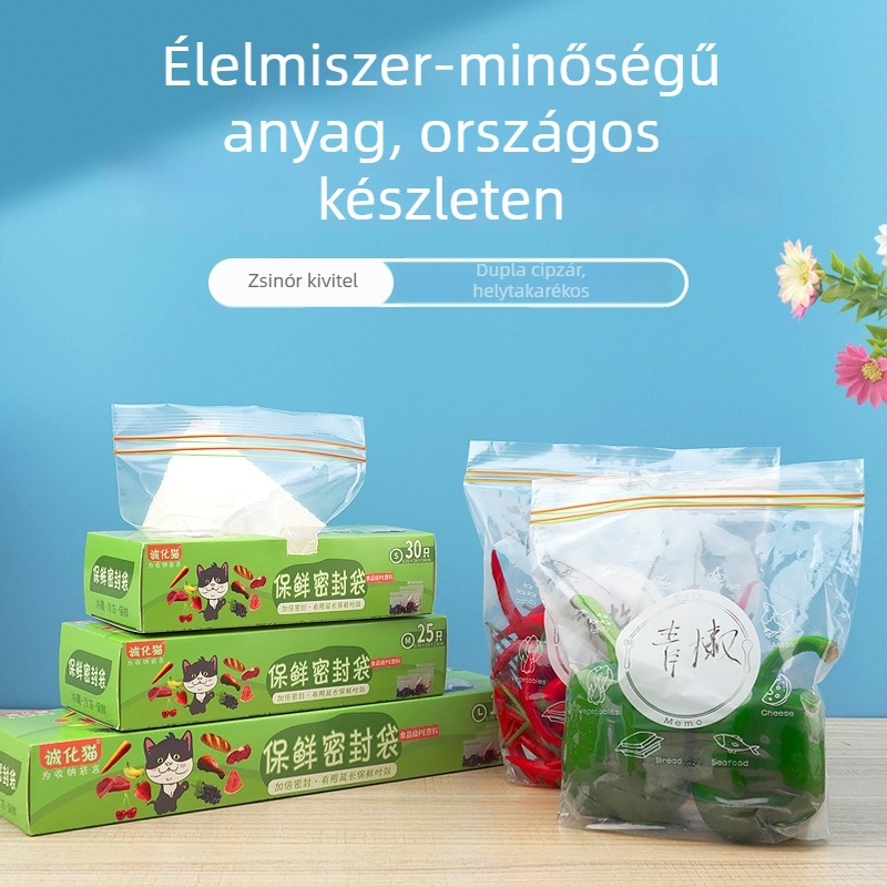Hűtőszekrényhez való egyszer használatos önzáró élelmiszer-tároló zacskók, duplán megerősítve