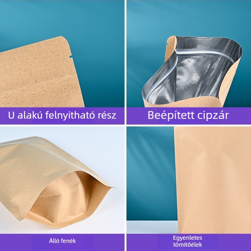 Fehér alumínium-bevonatos kraftpapír zacskó, álló kivitel, zip zár, élelmiszer-csomagolás, teához és marhahús-jerky vakuumzárás