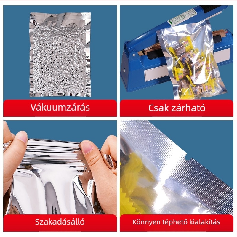Élelmiszerhez készült vákuumtasak alumíniumfóliával bevonva, átlátszó, nedvességálló száraz gyümölcsök és főtt ételek számára