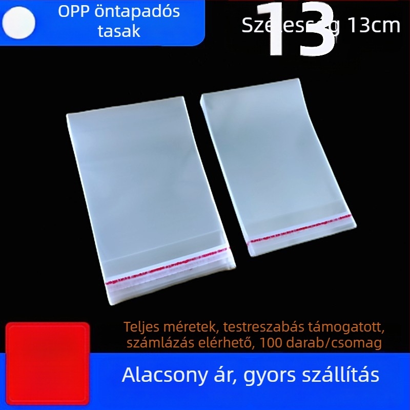 OPP öntapadós zacskó, 13 cm széles, ruházati csomagoláshoz, zárható műanyag zacskó kis kiegészítőkhöz