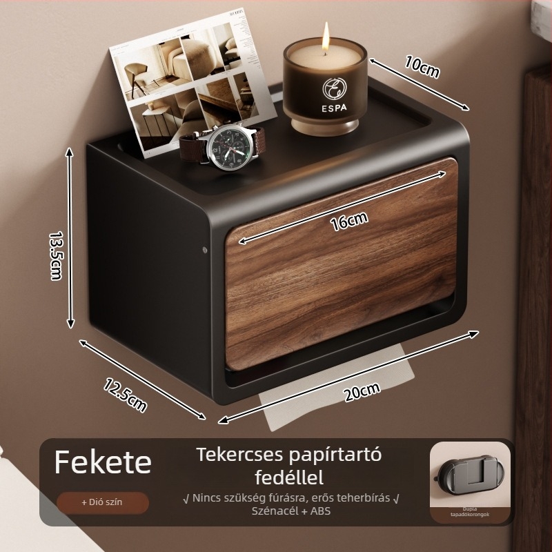 Vízálló falra szerelhető toalettpapír tartó fedéllel, diófa mintázatú
