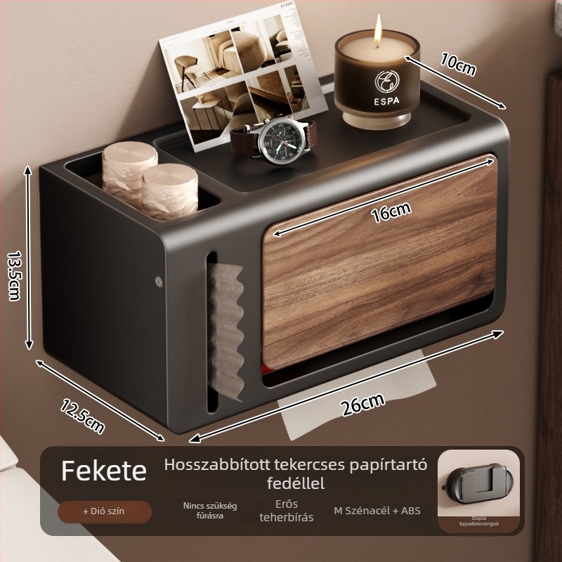 Vízálló falra szerelhető toalettpapír tartó fedéllel, diófa mintázatú