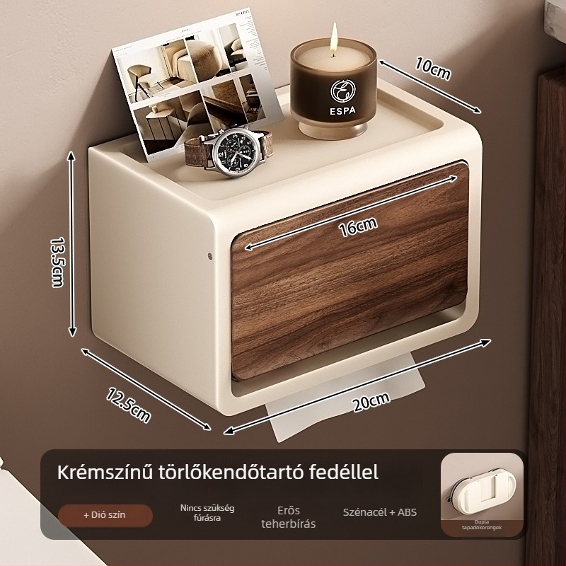 Vízálló falra szerelhető toalettpapír tartó fedéllel, diófa mintázatú