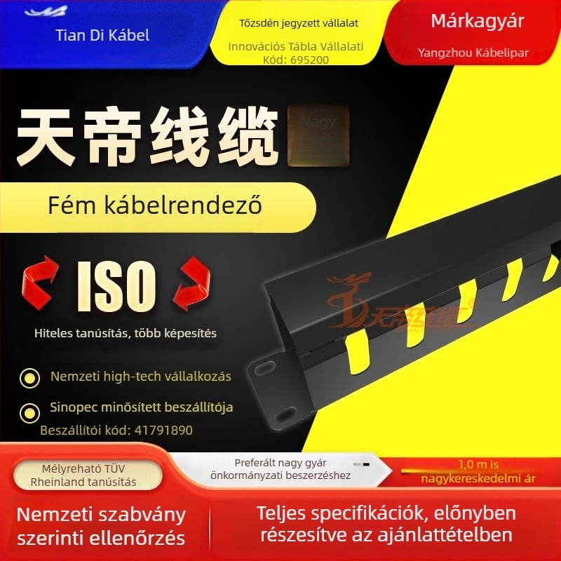 1U-s fém kábelrendező 24 rekesz, 19 hüvelykes rack-hez, vízszintes kábelkezelés