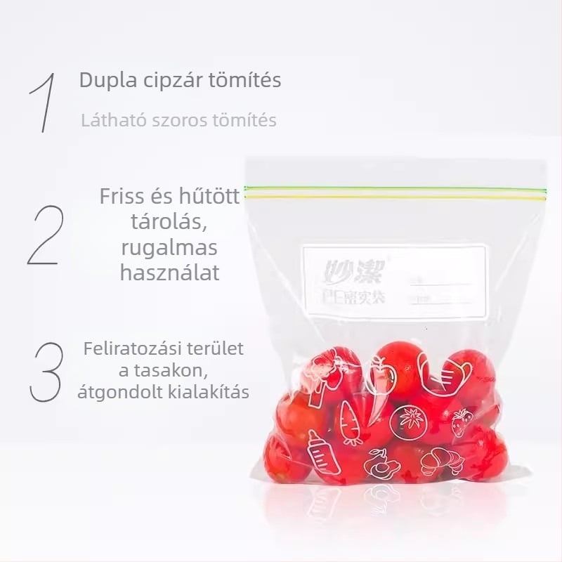 Miaojie Légmentesen záródó élelmiszertároló tasakok – hús, gyümölcs és nassolnivalók tárolására, önzáró, nagy és közepes méretű
