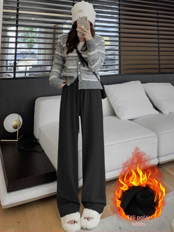 Női őszi–téli fleece-béléssel bélelt, magas derekú, drapírozott, széles szárú, hosszú mindennapi nadrág