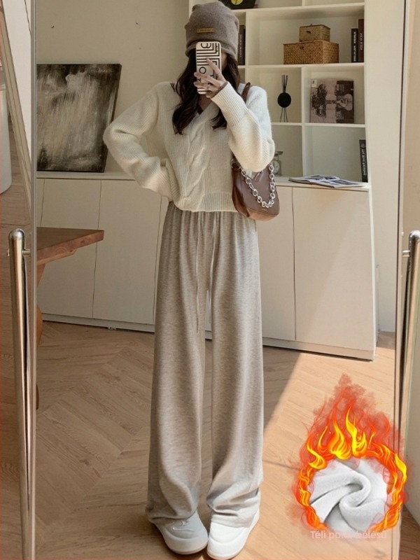 Női őszi–téli fleece-béléssel bélelt, magas derekú, drapírozott, széles szárú, hosszú mindennapi nadrág