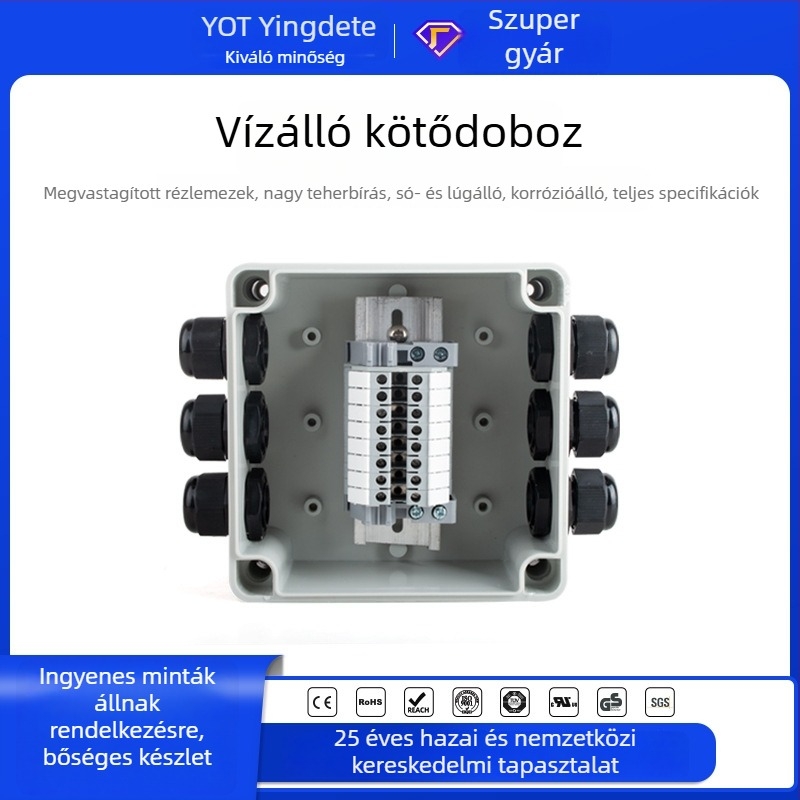 Kültéri vízálló műanyag elosztódoboz terminálokkal, zárt kábelvezetés, 1 bemenet 2 kimenet, esőálló