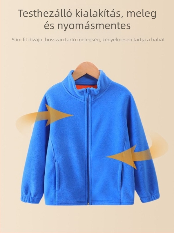 Gyerekeknek készült fleecével bélelt vastag kabát, álló gallér, hosszú ujjú, egyszínű