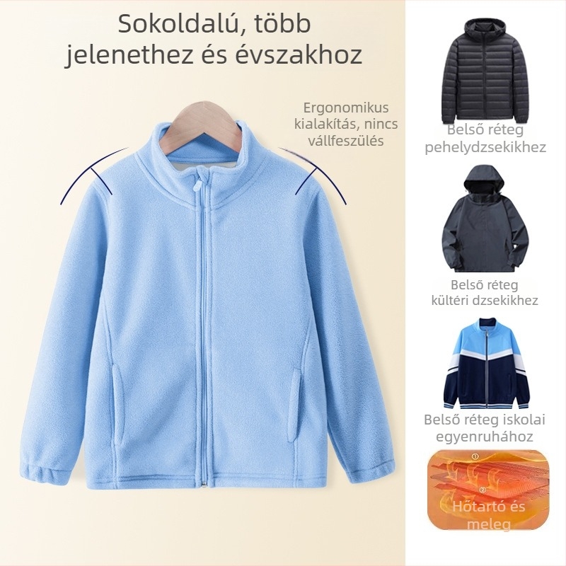 Gyerekeknek készült fleecével bélelt vastag kabát, álló gallér, hosszú ujjú, egyszínű