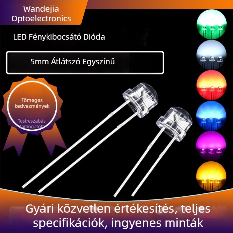 5 mm szalmás kalap formájú LED gyöngyök, fehér fény, átlátszó ház, átfúrt csatlakozás, nagy fényerő; színvariációk: piros, zöld, kék, sárga, narancs, fehér
