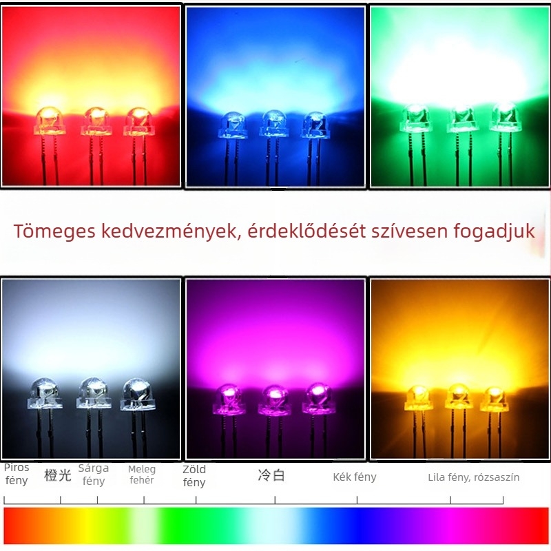 5 mm szalmás kalap formájú LED gyöngyök, fehér fény, átlátszó ház, átfúrt csatlakozás, nagy fényerő; színvariációk: piros, zöld, kék, sárga, narancs, fehér