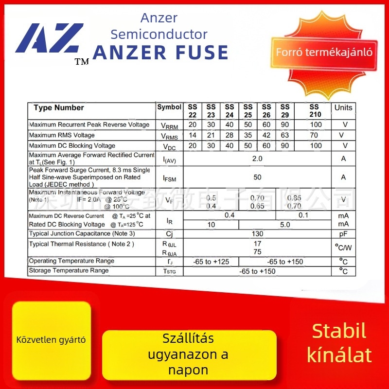 Schottky dióda, SMD, SS24, 2A 40V, SMA, SMAF és SMB csomagolások, jelölés SS24/SK24
