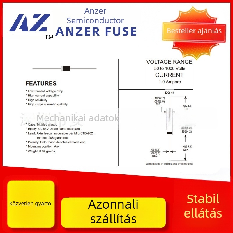 ANZER 1N4007M71A1000V DO-41 rektifikációs dióda, gyors helyreállítású, szilícium