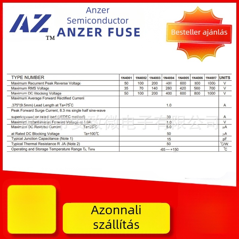 ANZER 1N4007M71A1000V DO-41 rektifikációs dióda, gyors helyreállítású, szilícium