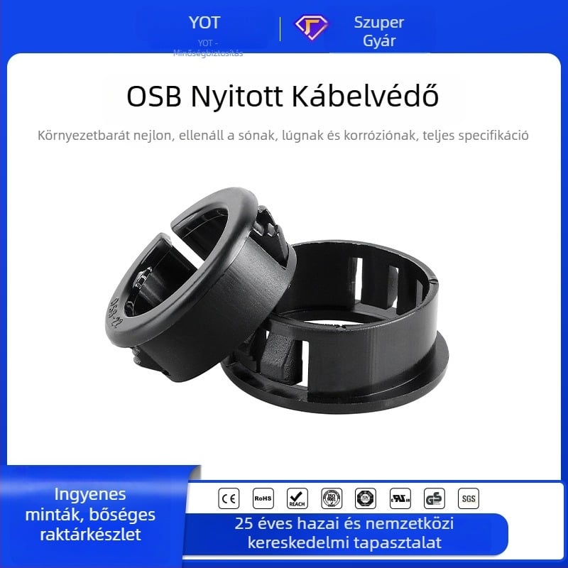 OSB nyitott típusú kábelvédő hüvely, fekete nylon műanyag, kábel hurk és rögzítő klipek a elosztó doboz házához