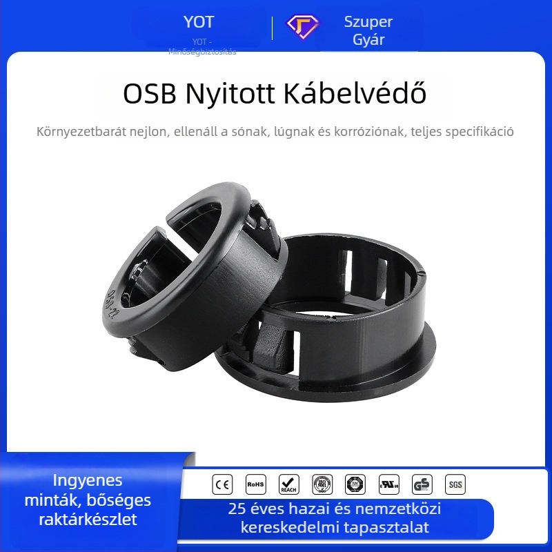 OSB nyitott típusú kábelvédő hüvely, fekete nylon műanyag, kábel hurk és rögzítő klipek a elosztó doboz házához
