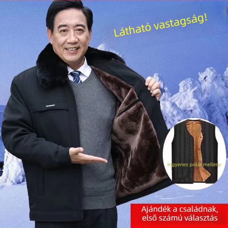 Férfi vastag téli kabát fleece béléssel, galléros, elülső cipzárral, kapucni nélkül
