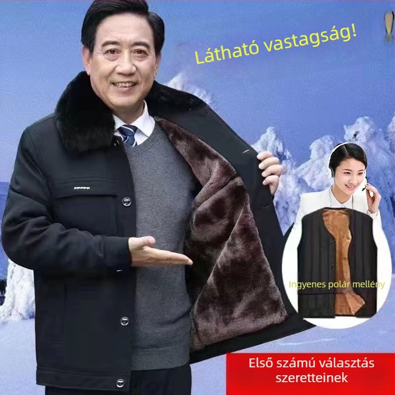 Férfi vastag téli kabát fleece béléssel, galléros, elülső cipzárral, kapucni nélkül