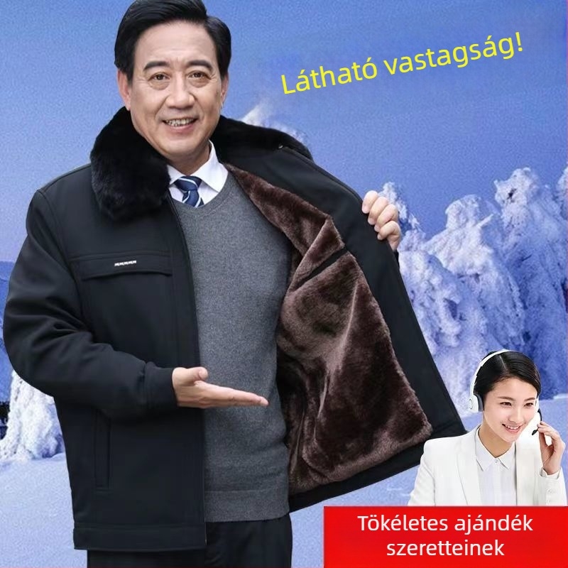 Férfi vastag téli kabát fleece béléssel, galléros, elülső cipzárral, kapucni nélkül