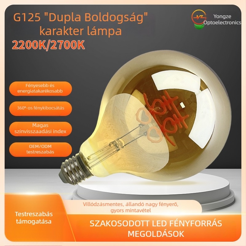 E27-es Edison izzó dupla boldogság motívummal, esküvői dekoráció, wolframszálas izzó