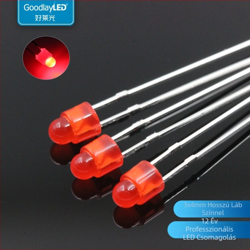3x4 mm-es LED gyöngy hosszú lábakkal, vörös fény, magas színvisszaadási CRI 70–80