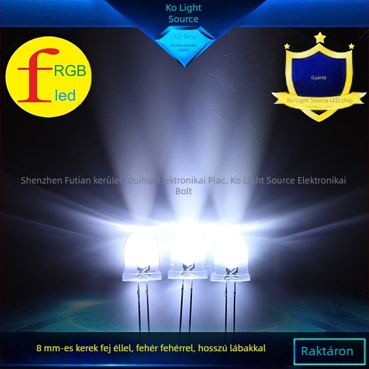 8 mm kör fejű LED-dióda, átlátszó él, fehér fény 6500–7000K, hosszú lábak, közvetlen dugaszolás