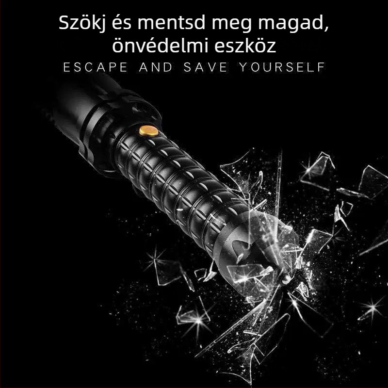 LED hosszú hatótávolságú önvédelmi zseblámpa, újratölthető, autóba szerelhető – otthoni és kültéri használatra