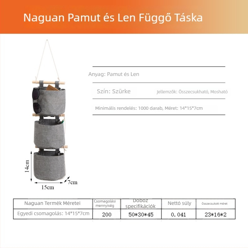 Falra szerelhető, több rekeszes függő tároló táska, pamut és len anyagból.