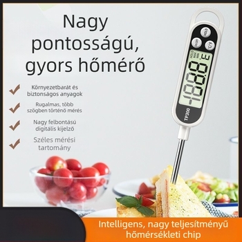 Háztartási, nagy pontosságú élelmiszerhőmérő, szonda típusú, konyhai sütéshez és fritéshez; méri a víz, tej és olaj hőmérsékletét; kertdekoráció